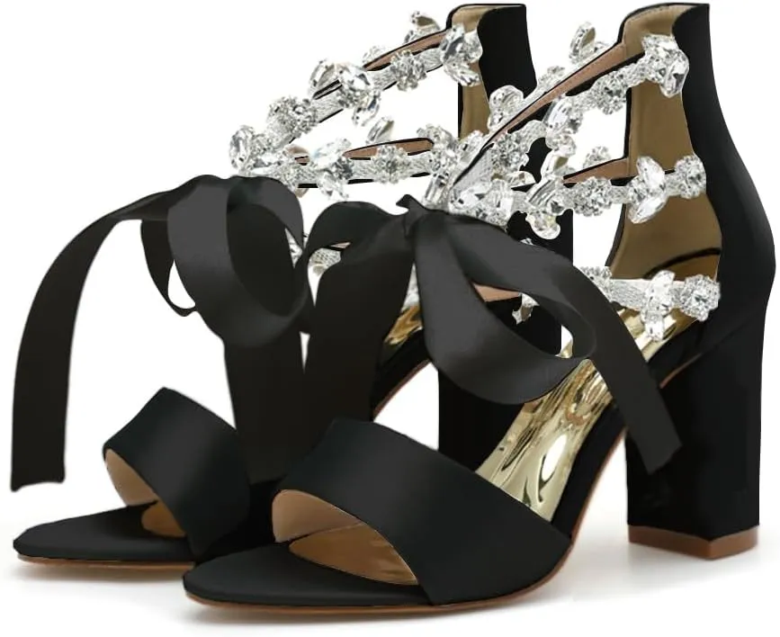 Dress First Wedding Sandal High Heels Brides Shoes Satin Open Toe Crystal Ribbon Tie Elegant Party Prom Cocktail Lace-Up Champagne