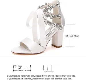 Dress First Wedding Sandal High Heels Brides Shoes Satin Open Toe Crystal Ribbon Tie Elegant Party Prom Cocktail Lace-Up Champagne