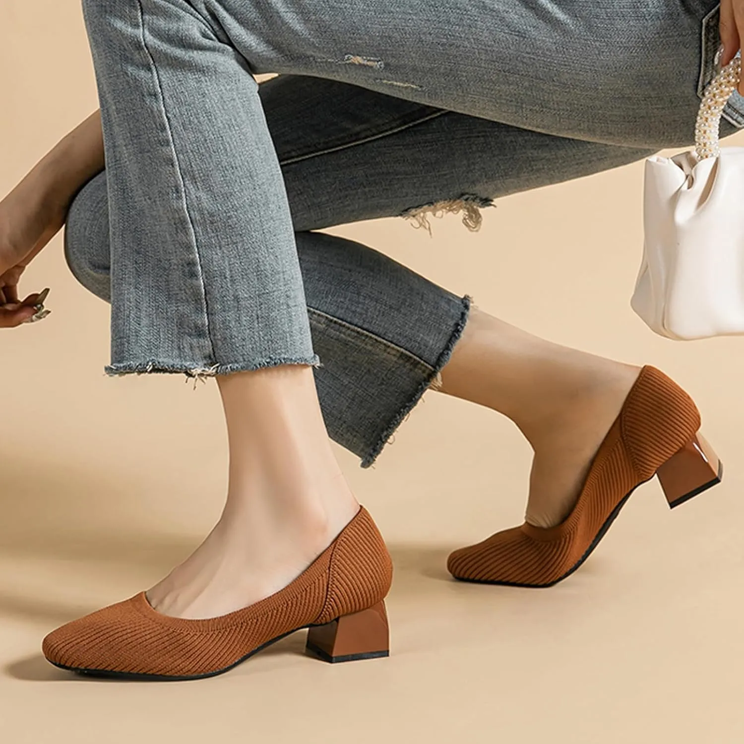 EFTCAL Women's Knit Chunky Heel Pumps Square Closed Toe Comfort Slip On Backless Low Block Heels Outdoor Casual Work Wedding Party Dress Shoes