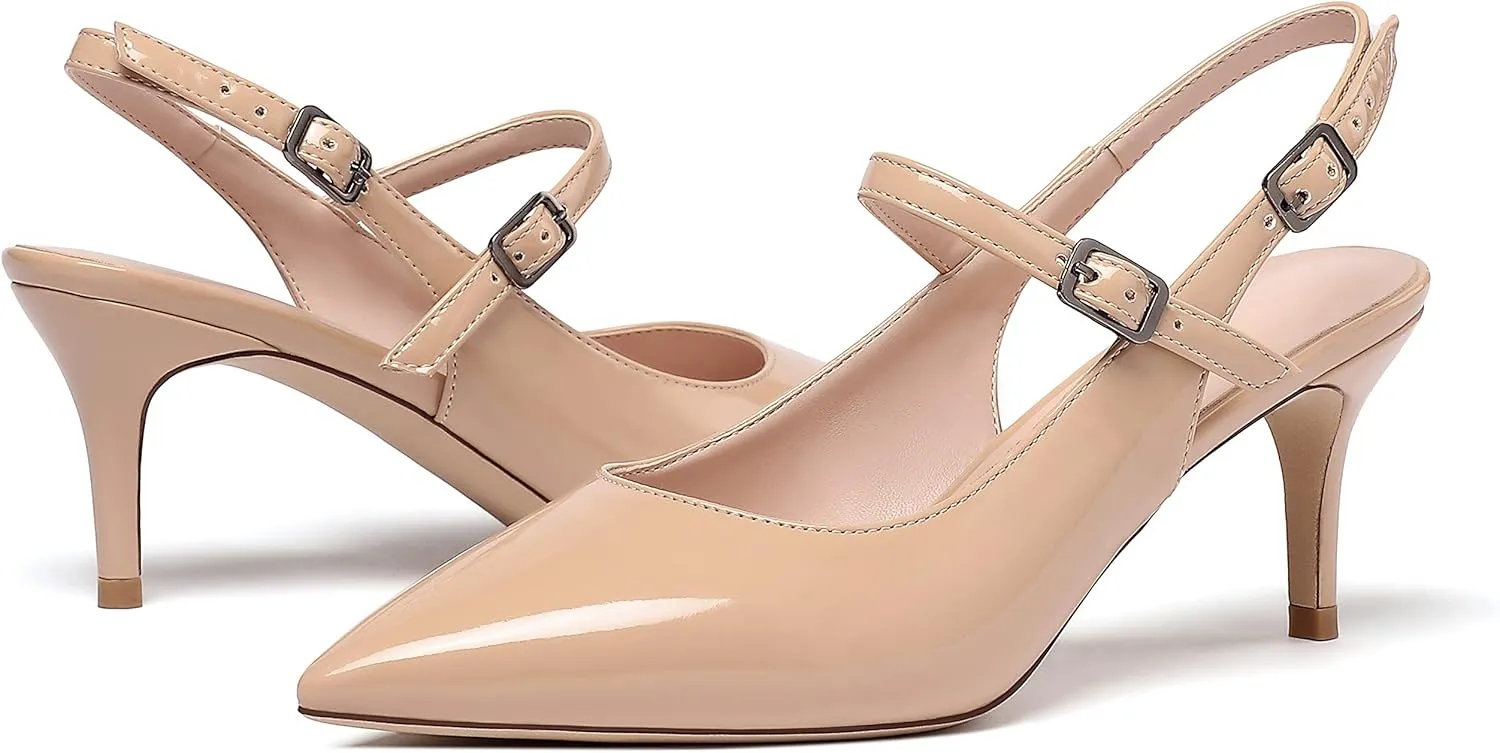 Eldof Women's Pointed Toe Slingback Pumps, Low Heel Ankle Strap Chic Sandals, Classy Kitten Heel 2.5" Heel for Office Dress