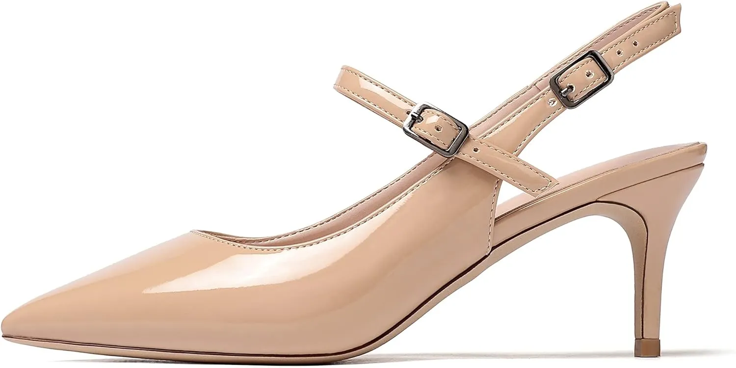 Eldof Women's Pointed Toe Slingback Pumps, Low Heel Ankle Strap Chic Sandals, Classy Kitten Heel 2.5" Heel for Office Dress