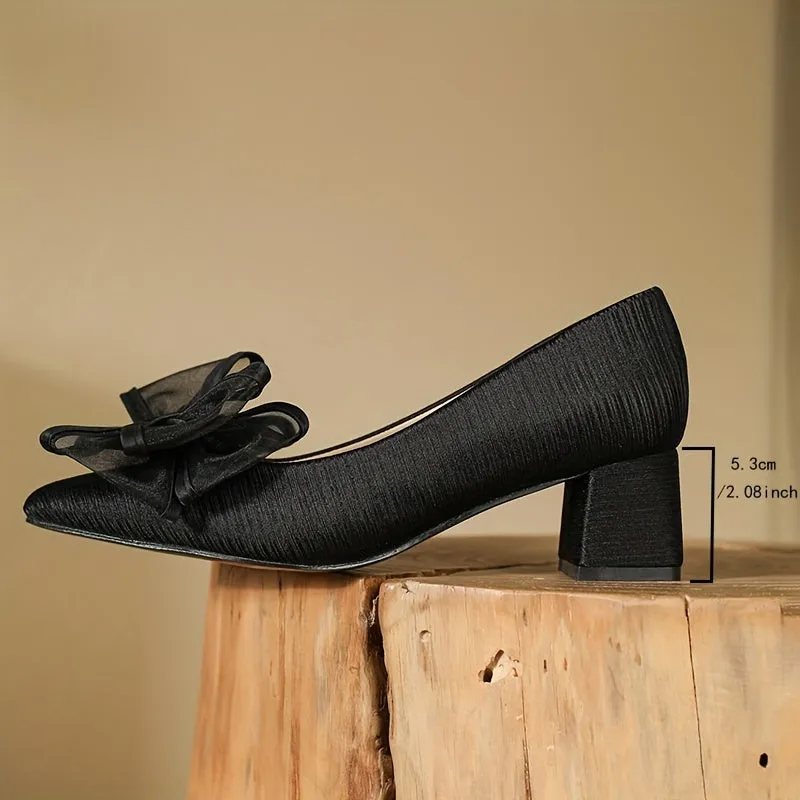 Elegant Women's Bowknot Pumps - Chic Chunky Mid Heels, Sleek Black Pointed Toe Design, Versatile Evening Footwear Ideal for Any Dressy Occasion