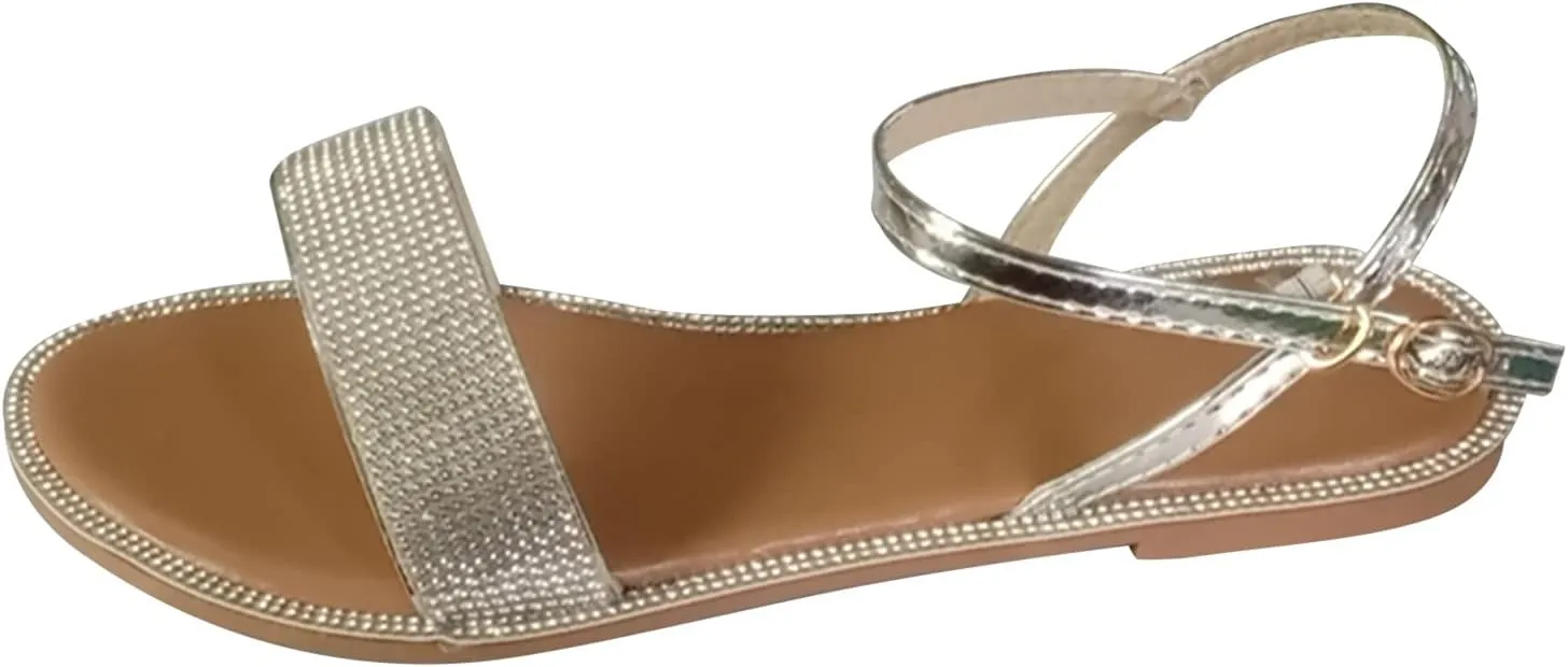 EMRELOD Beach Sandals for Women Dressy Summer Flat Rhinestone Sandals for Womens Sandals Comfortable Walking Sandals Sparkly Bling Bohemian Lace Open Toe Cute Casual Wedding Shoes (Silver-a, 8)