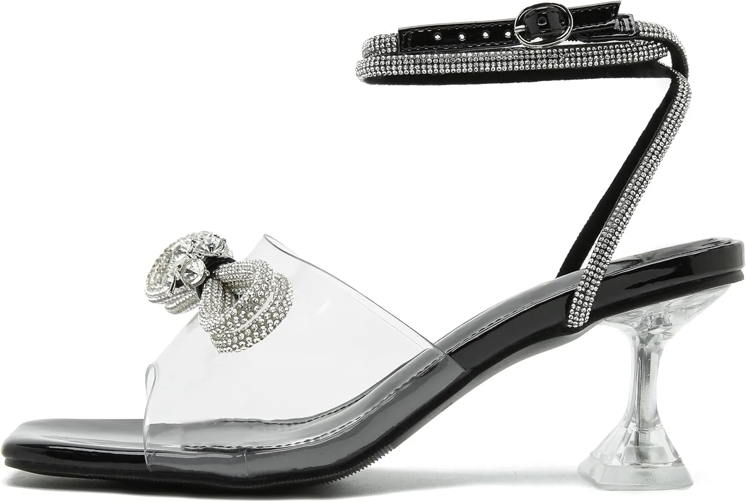 Enelauge Women's Double Bowknot Crystal Sandals Clear Slingback Low Heels Lace Up Square Toe Rhinstone Wedding Party Shoes 6cm
