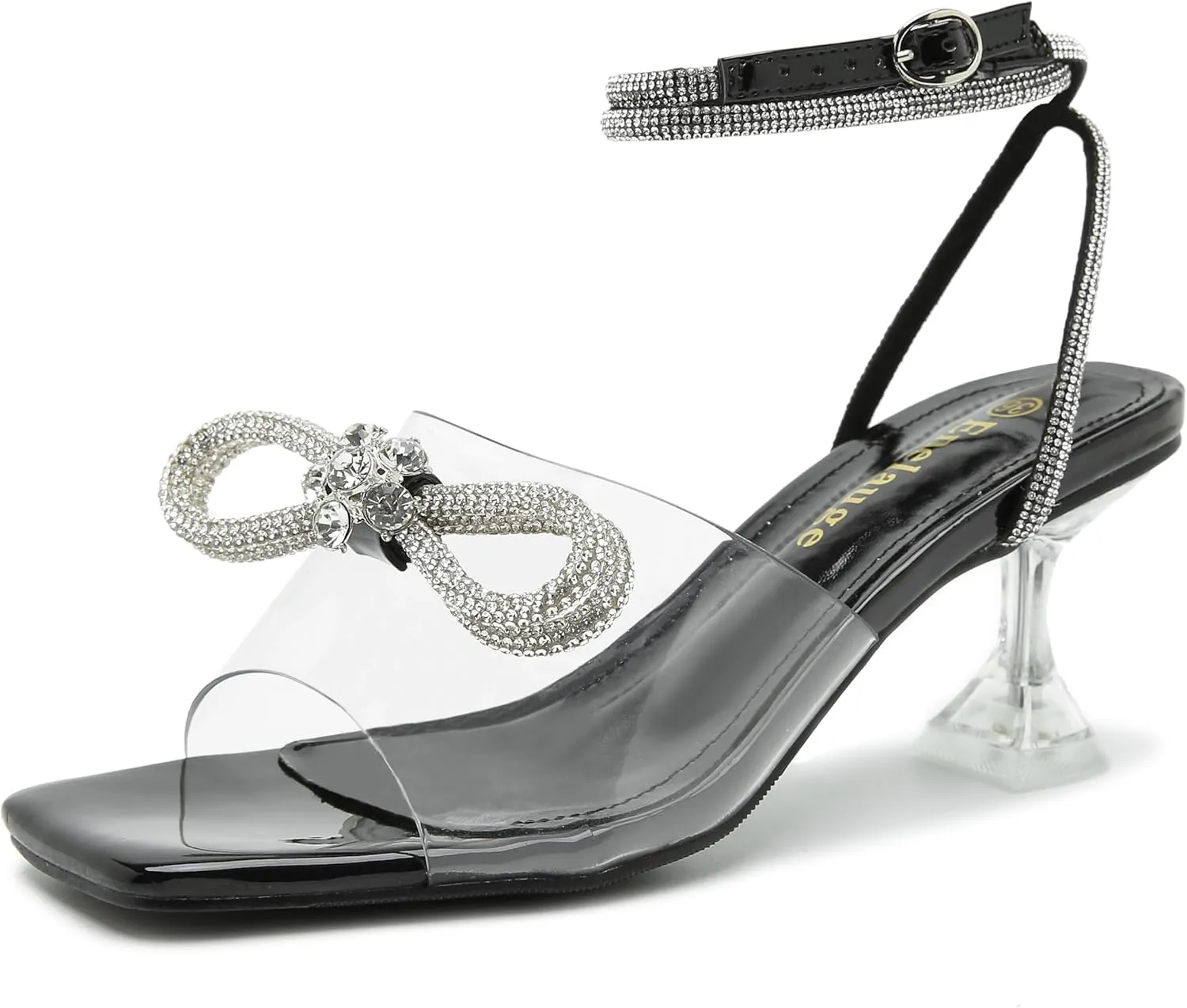 Enelauge Women's Double Bowknot Crystal Sandals Clear Slingback Low Heels Lace Up Square Toe Rhinstone Wedding Party Shoes 6cm