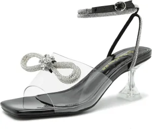 Enelauge Women's Double Bowknot Crystal Sandals Clear Slingback Low Heels Lace Up Square Toe Rhinstone Wedding Party Shoes 6cm