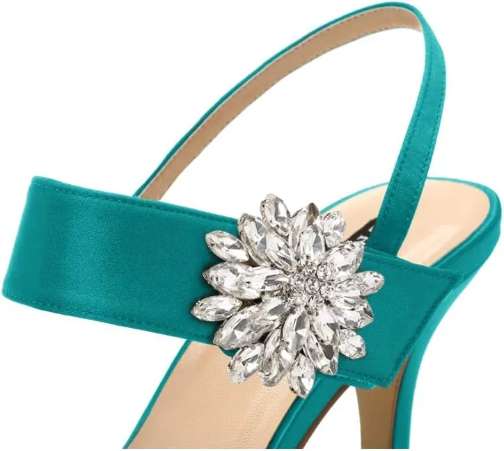 ERIJUNOR Mid Heel Shoes for Women Pointed Toe Slingback Rhinestone Brooch Satin Dress Pumps Evening Prom Wedding Shoes