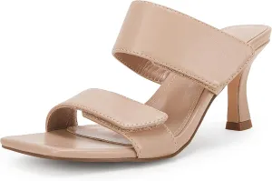 Ermonn Womens Two Strap Heeled Sandals Slip On Square Open Toe Stiletto Faux Leather Backless Mule Heels Slippers