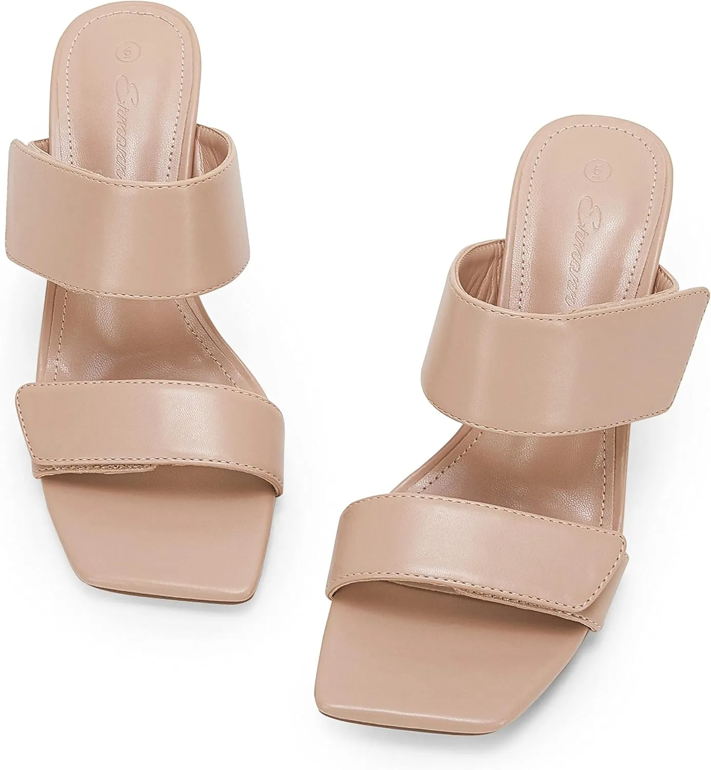 Ermonn Womens Two Strap Heeled Sandals Slip On Square Open Toe Stiletto Faux Leather Backless Mule Heels Slippers