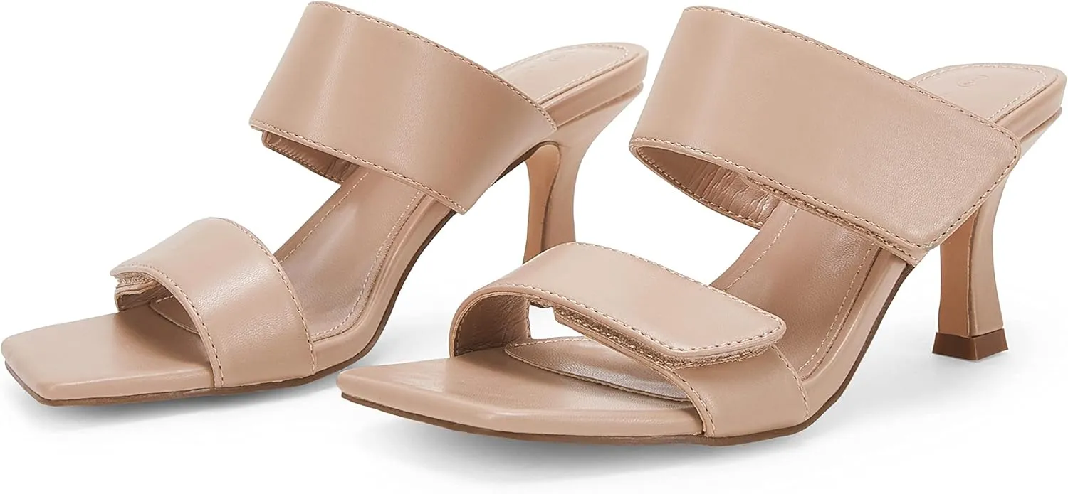 Ermonn Womens Two Strap Heeled Sandals Slip On Square Open Toe Stiletto Faux Leather Backless Mule Heels Slippers