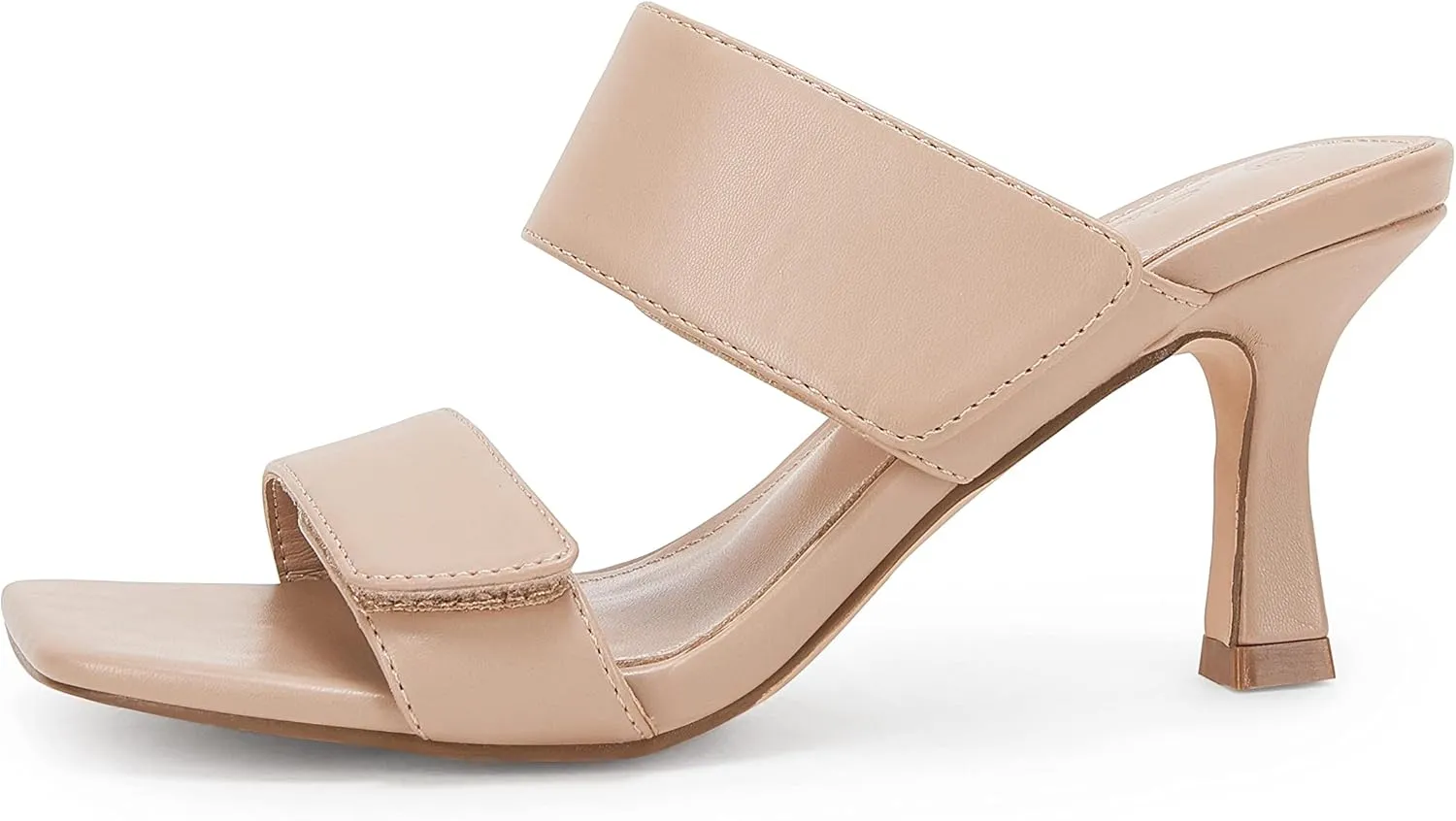 Ermonn Womens Two Strap Heeled Sandals Slip On Square Open Toe Stiletto Faux Leather Backless Mule Heels Slippers