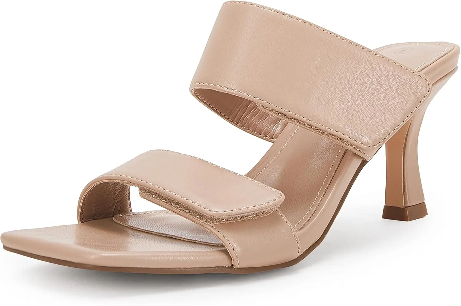 Ermonn Womens Two Strap Heeled Sandals Slip On Square Open Toe Stiletto Faux Leather Backless Mule Heels Slippers