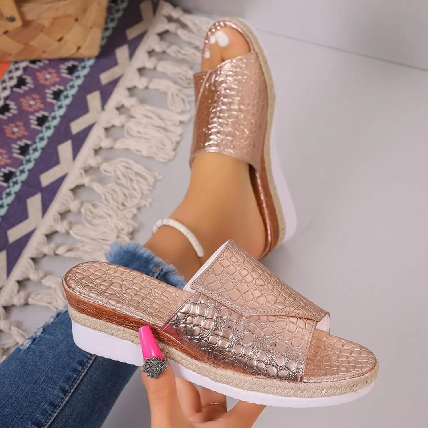Fashion Wedge Sandals for Women Snakeskin Large Size Slippers Arch Support Slip On Sandals Women Clear Flat Sandals