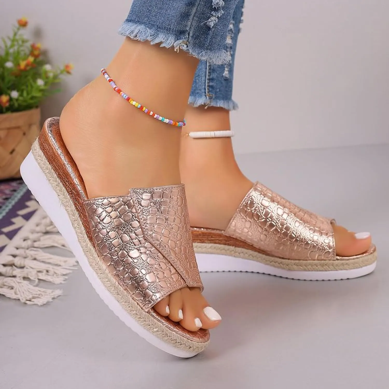 Fashion Wedge Sandals for Women Snakeskin Large Size Slippers Arch Support Slip On Sandals Women Clear Flat Sandals