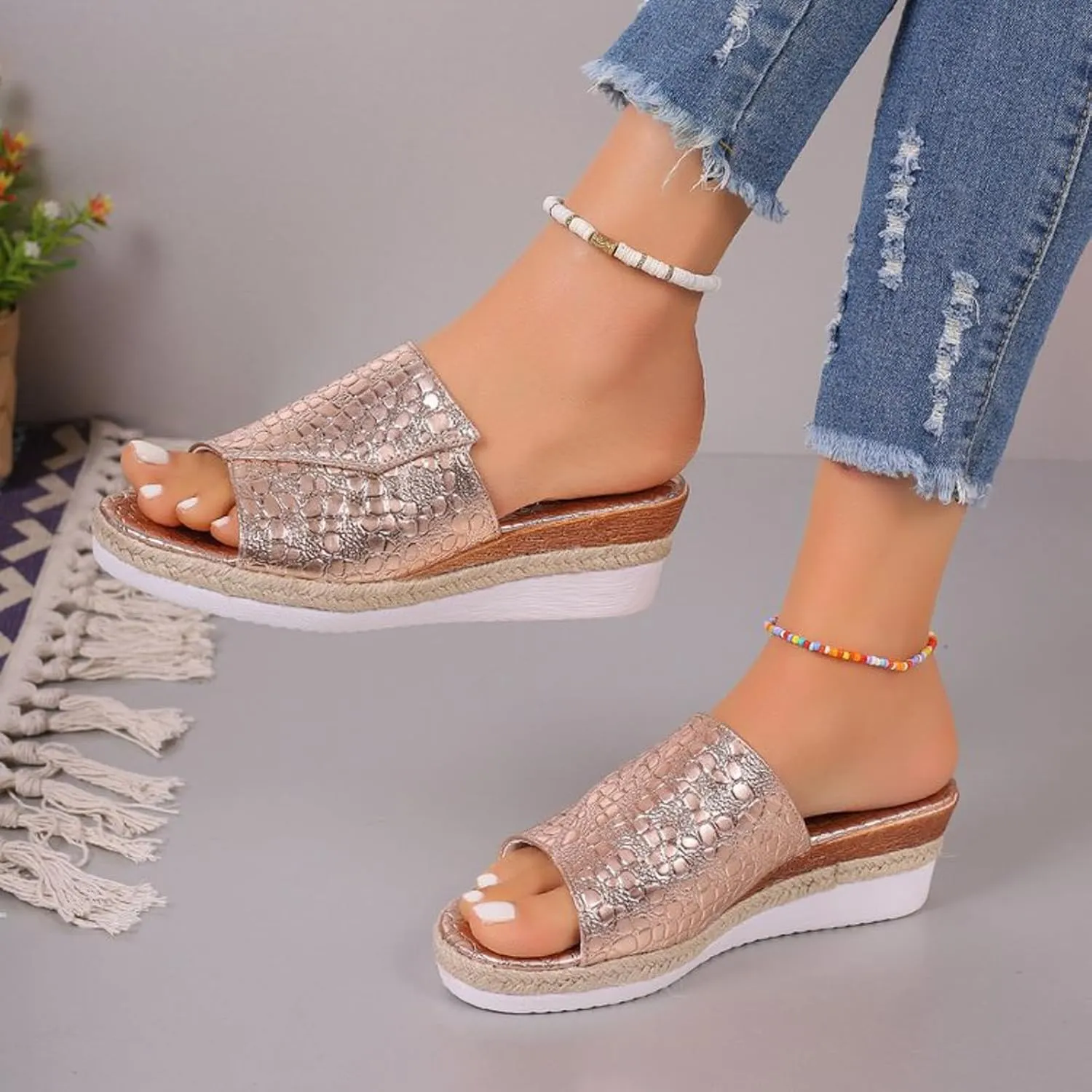Fashion Wedge Sandals for Women Snakeskin Large Size Slippers Arch Support Slip On Sandals Women Clear Flat Sandals
