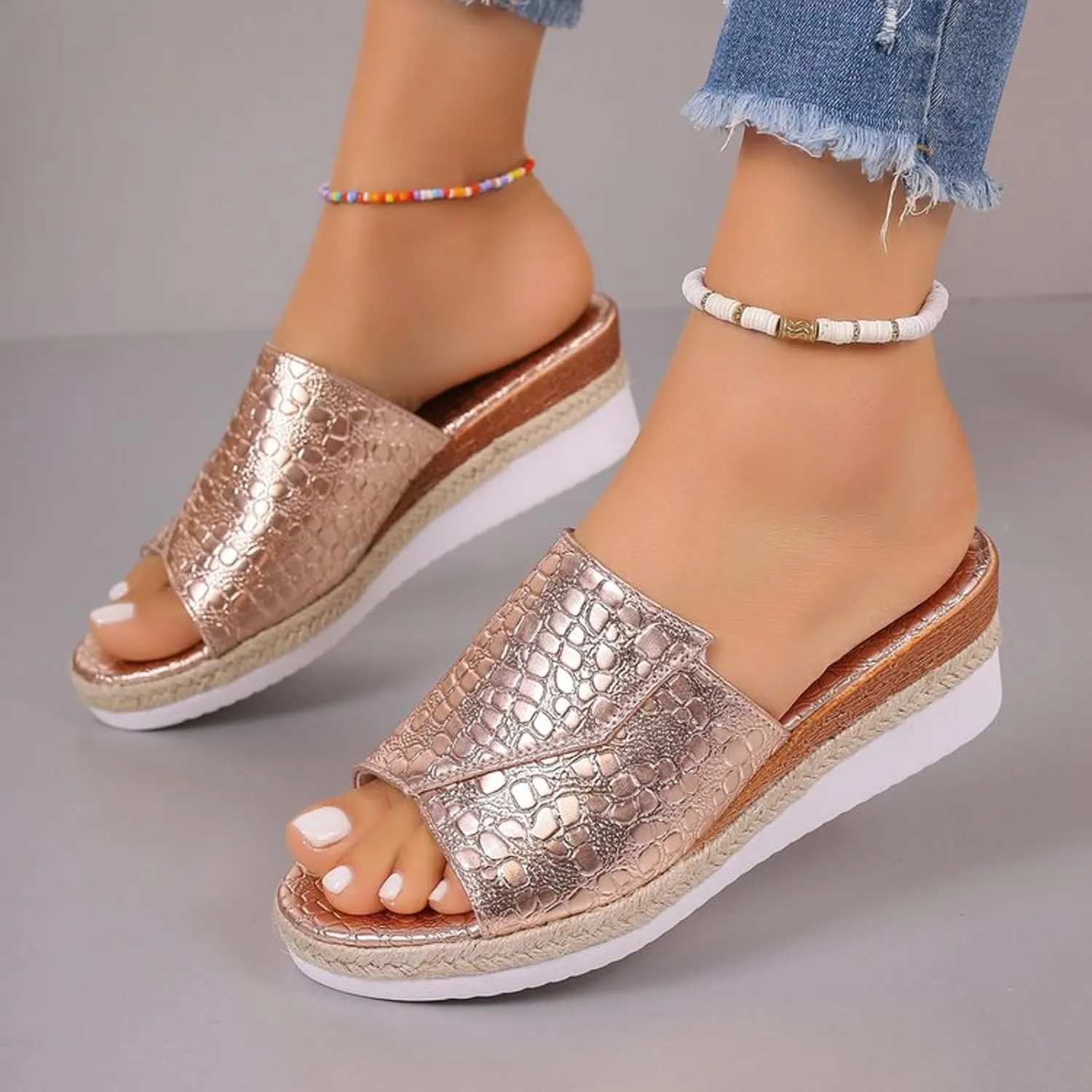 Fashion Wedge Sandals for Women Snakeskin Large Size Slippers Arch Support Slip On Sandals Women Clear Flat Sandals