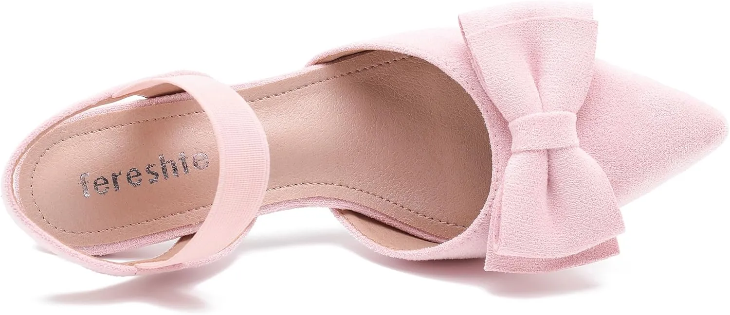 fereshte Women's Bow Low Kitten Heels Pumps Elastic Ankle Strap Slip On Slingback Dress Shoes