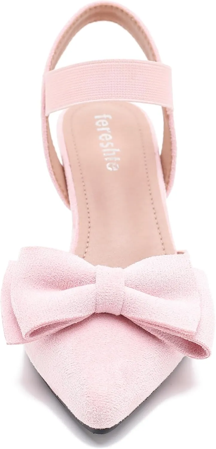 fereshte Women's Bow Low Kitten Heels Pumps Elastic Ankle Strap Slip On Slingback Dress Shoes