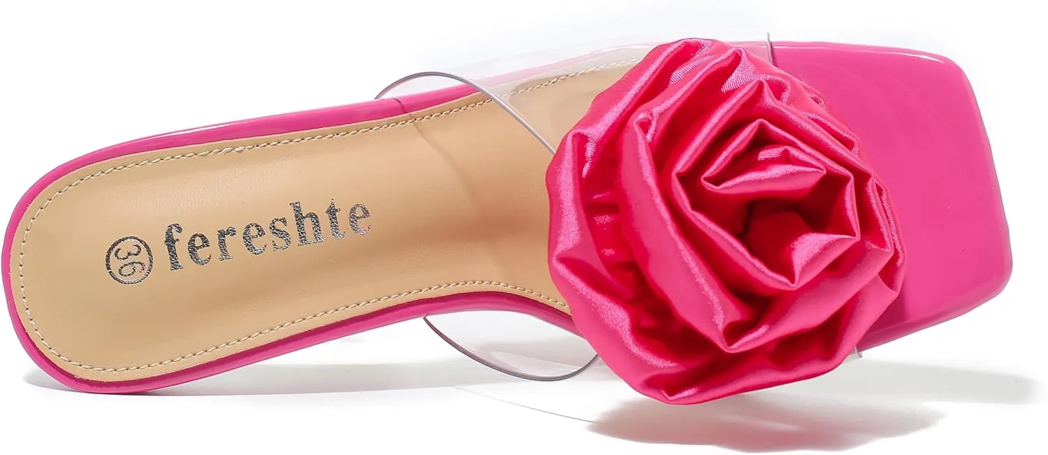 fereshte Women's Flower Heels Satin Rose Square Toe High Heeled Mule Dress Party Wedding Sandals