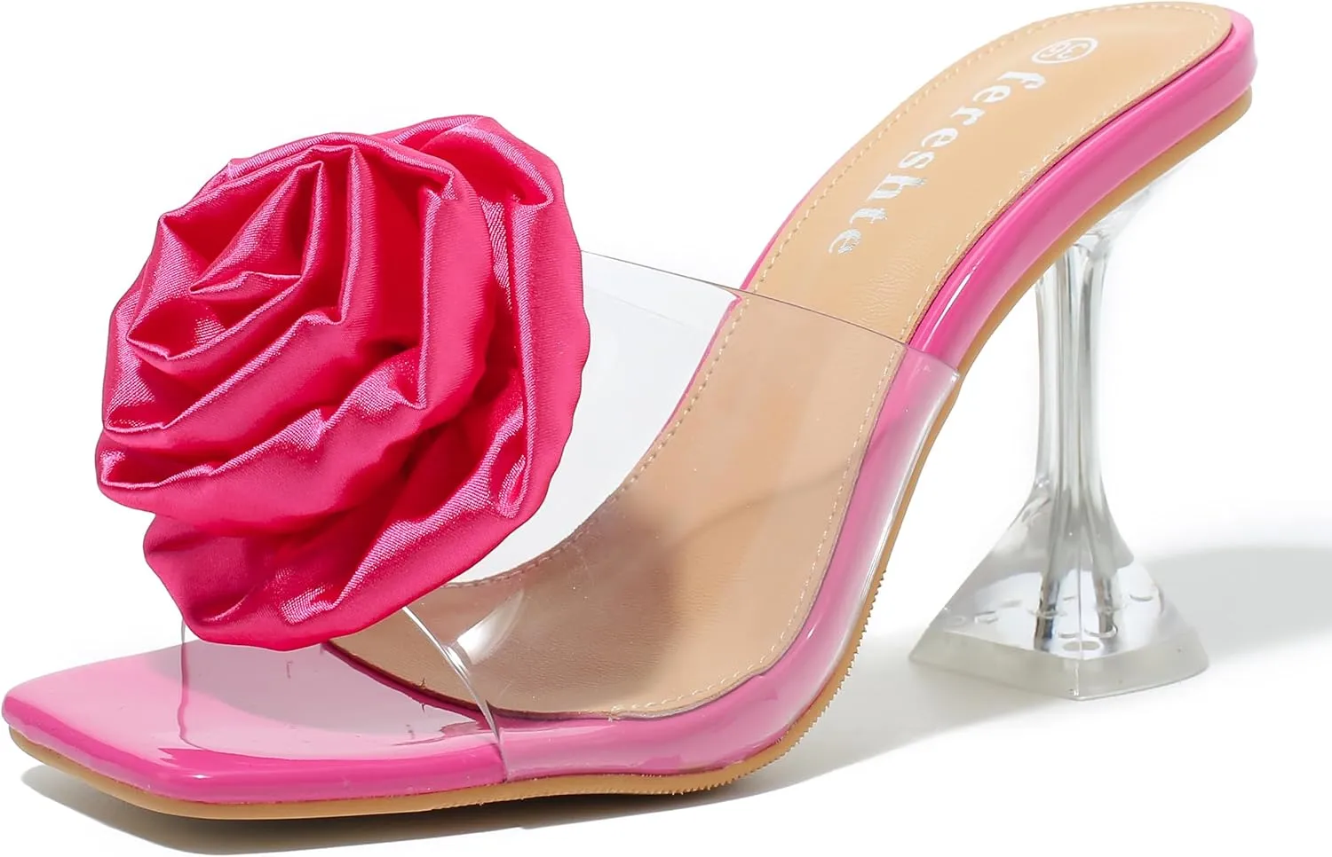 fereshte Women's Flower Heels Satin Rose Square Toe High Heeled Mule Dress Party Wedding Sandals