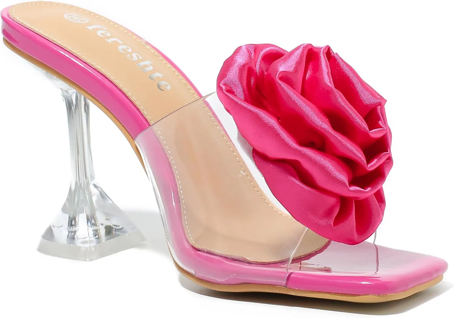 fereshte Women's Flower Heels Satin Rose Square Toe High Heeled Mule Dress Party Wedding Sandals