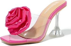 fereshte Women's Flower Heels Satin Rose Square Toe High Heeled Mule Dress Party Wedding Sandals