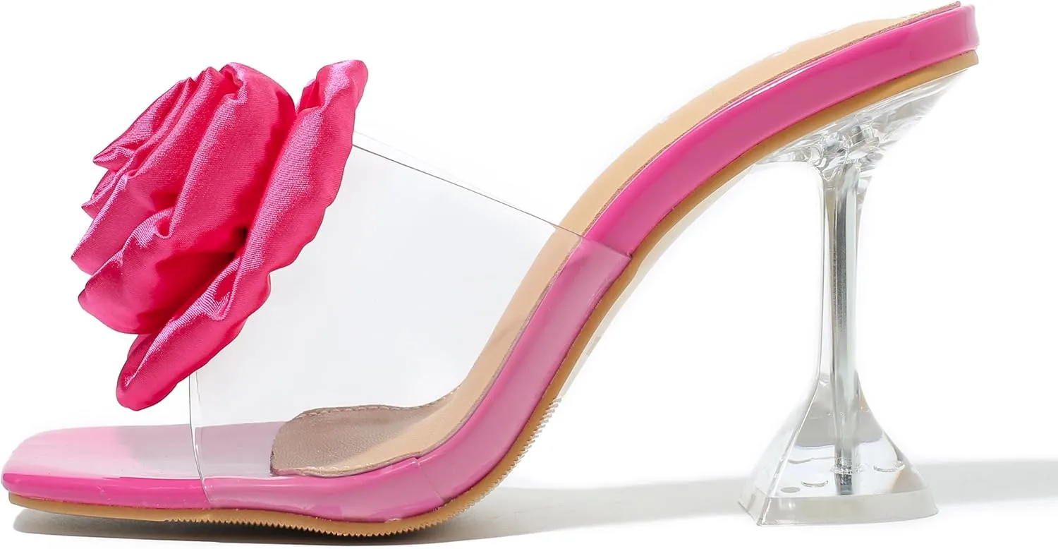 fereshte Women's Flower Heels Satin Rose Square Toe High Heeled Mule Dress Party Wedding Sandals