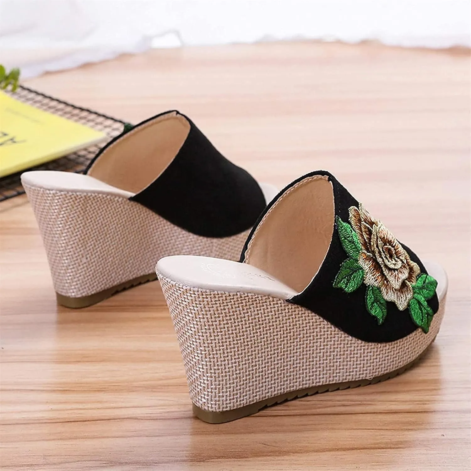 FFZSQ Ladies Wedges Slides Elegant Embroidery Flowers Plateau Sandals 10Cm High Heels Fish Mouth Slippers