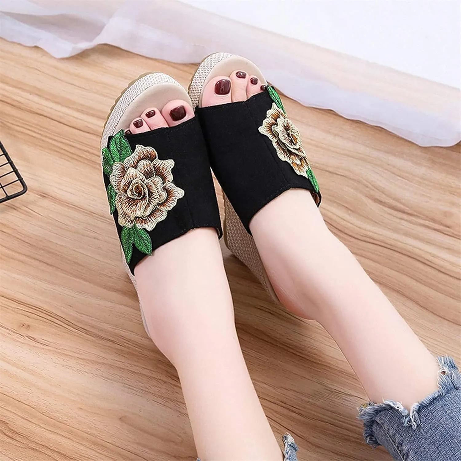 FFZSQ Ladies Wedges Slides Elegant Embroidery Flowers Plateau Sandals 10Cm High Heels Fish Mouth Slippers