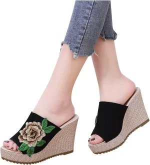 FFZSQ Ladies Wedges Slides Elegant Embroidery Flowers Plateau Sandals 10Cm High Heels Fish Mouth Slippers