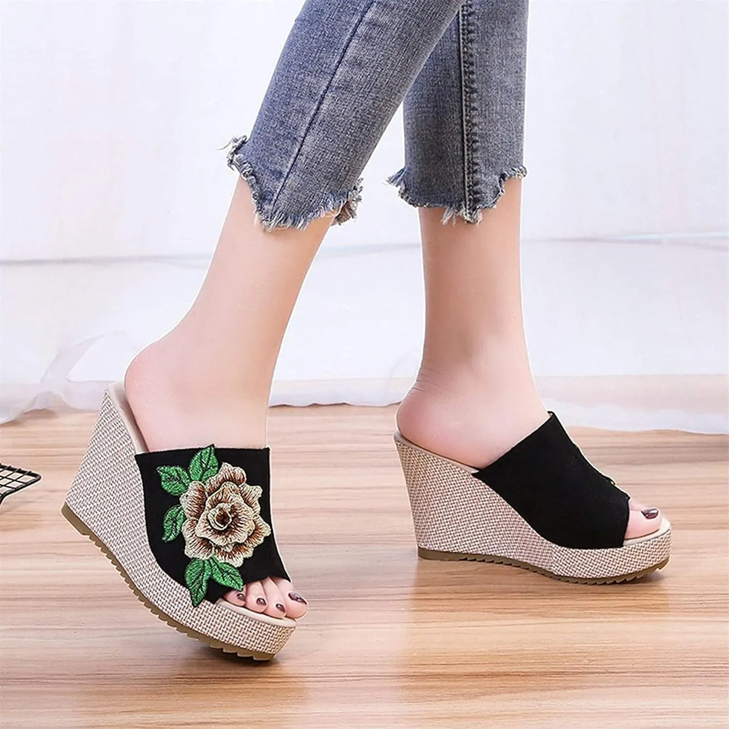 FFZSQ Ladies Wedges Slides Elegant Embroidery Flowers Plateau Sandals 10Cm High Heels Fish Mouth Slippers