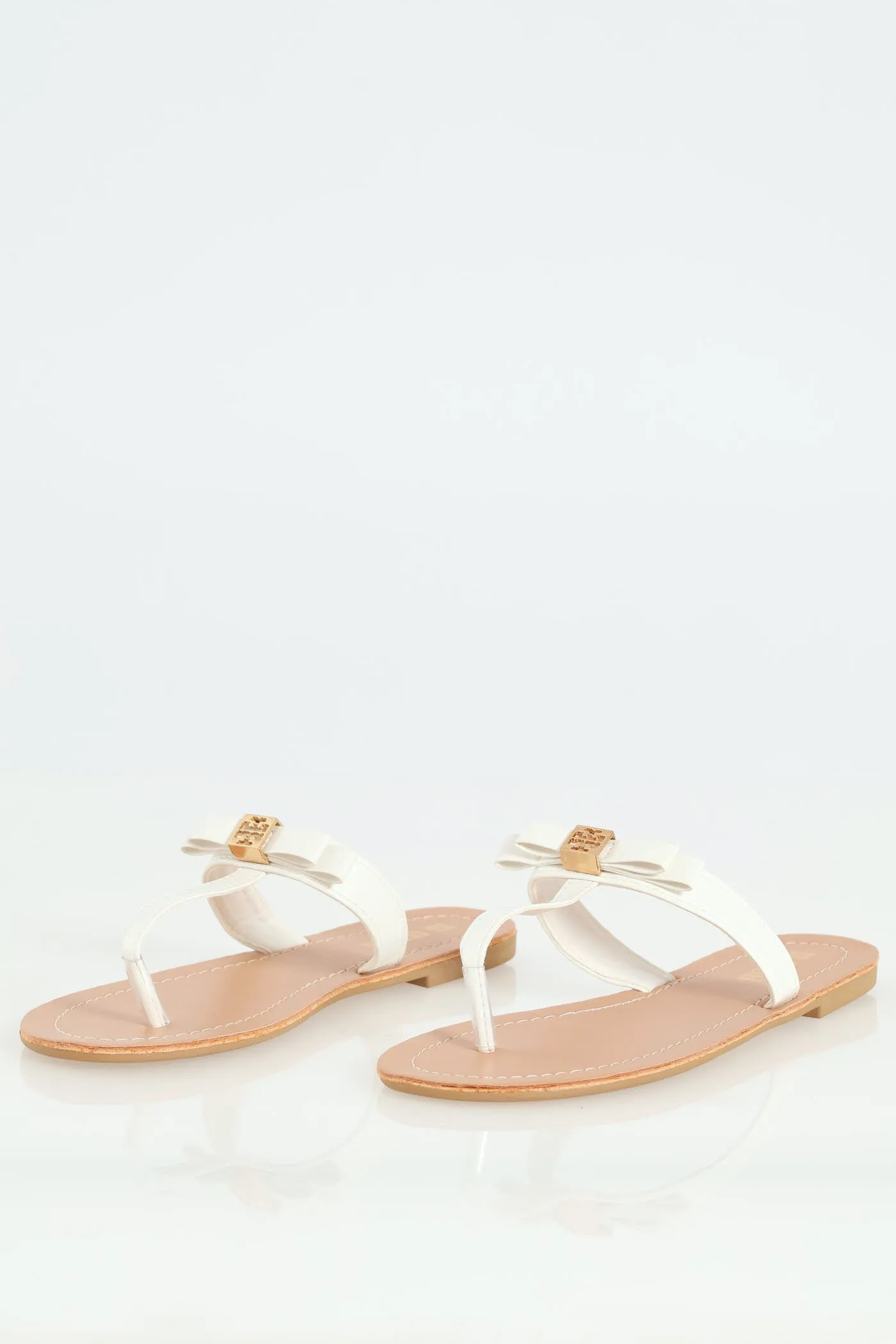 Flat Thong Bow Sandal With Gold Centre Trim - White