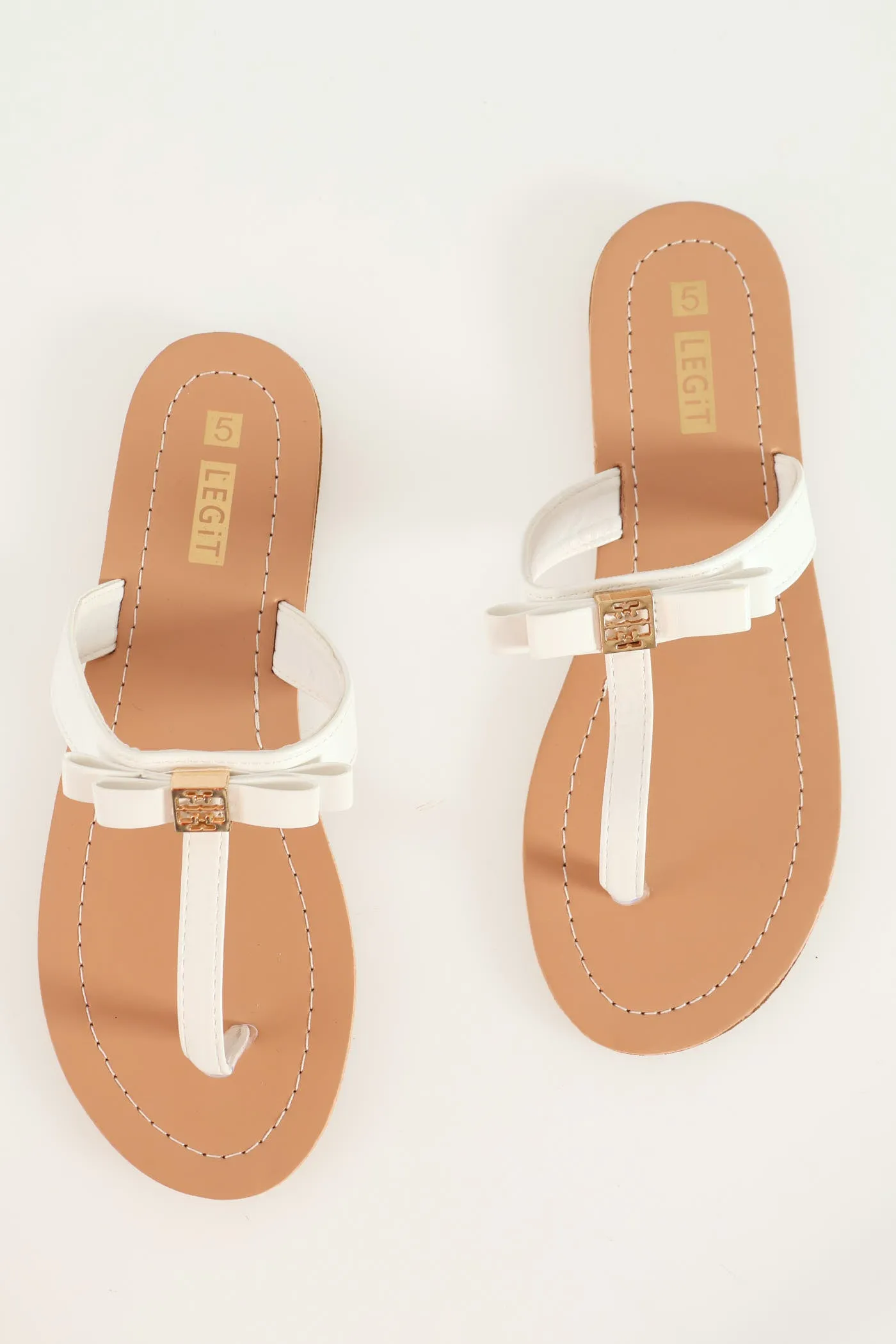 Flat Thong Bow Sandal With Gold Centre Trim - White