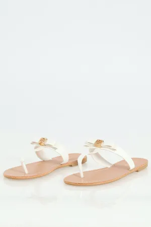 Flat Thong Bow Sandal With Gold Centre Trim - White