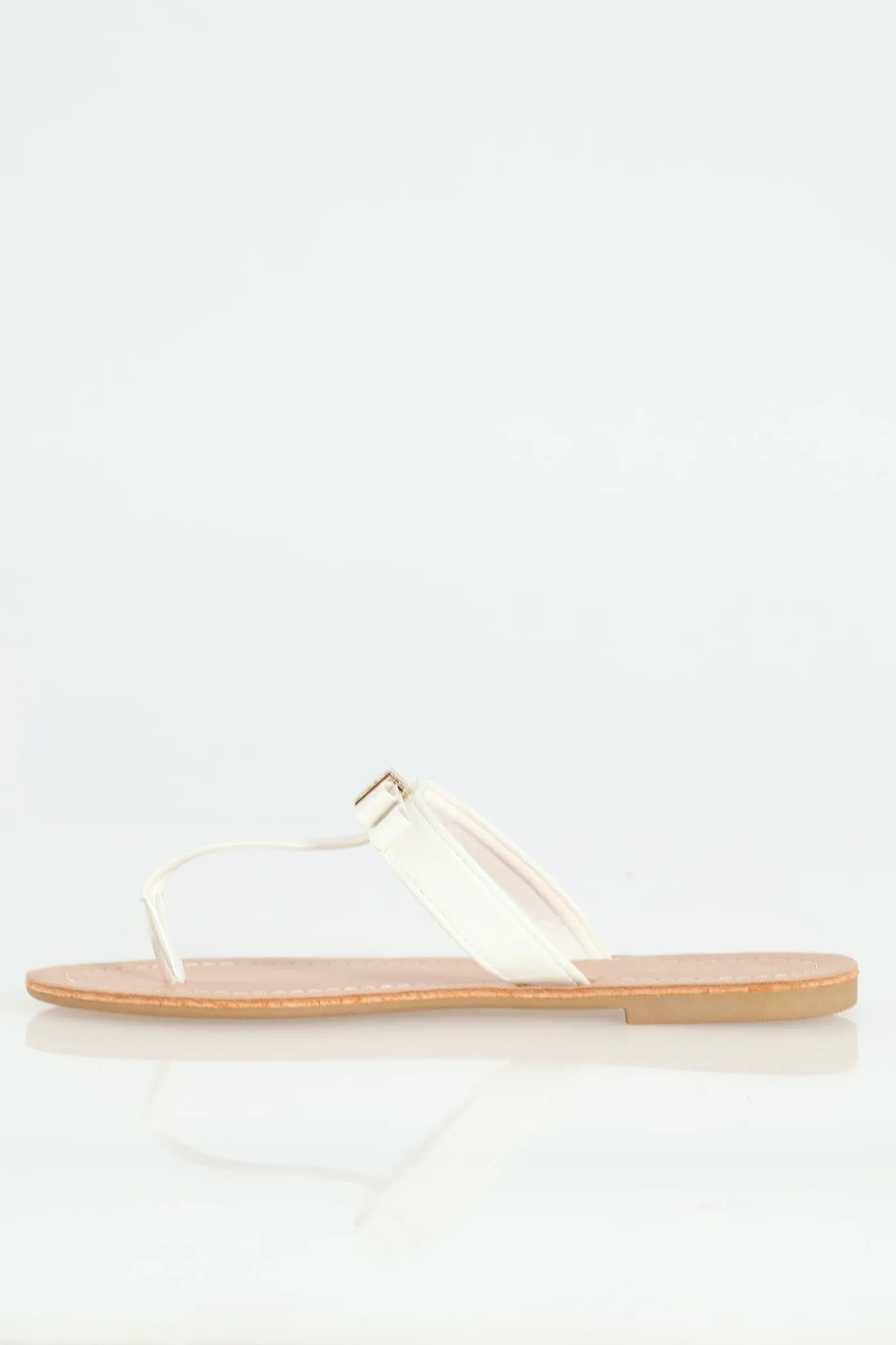 Flat Thong Bow Sandal With Gold Centre Trim - White