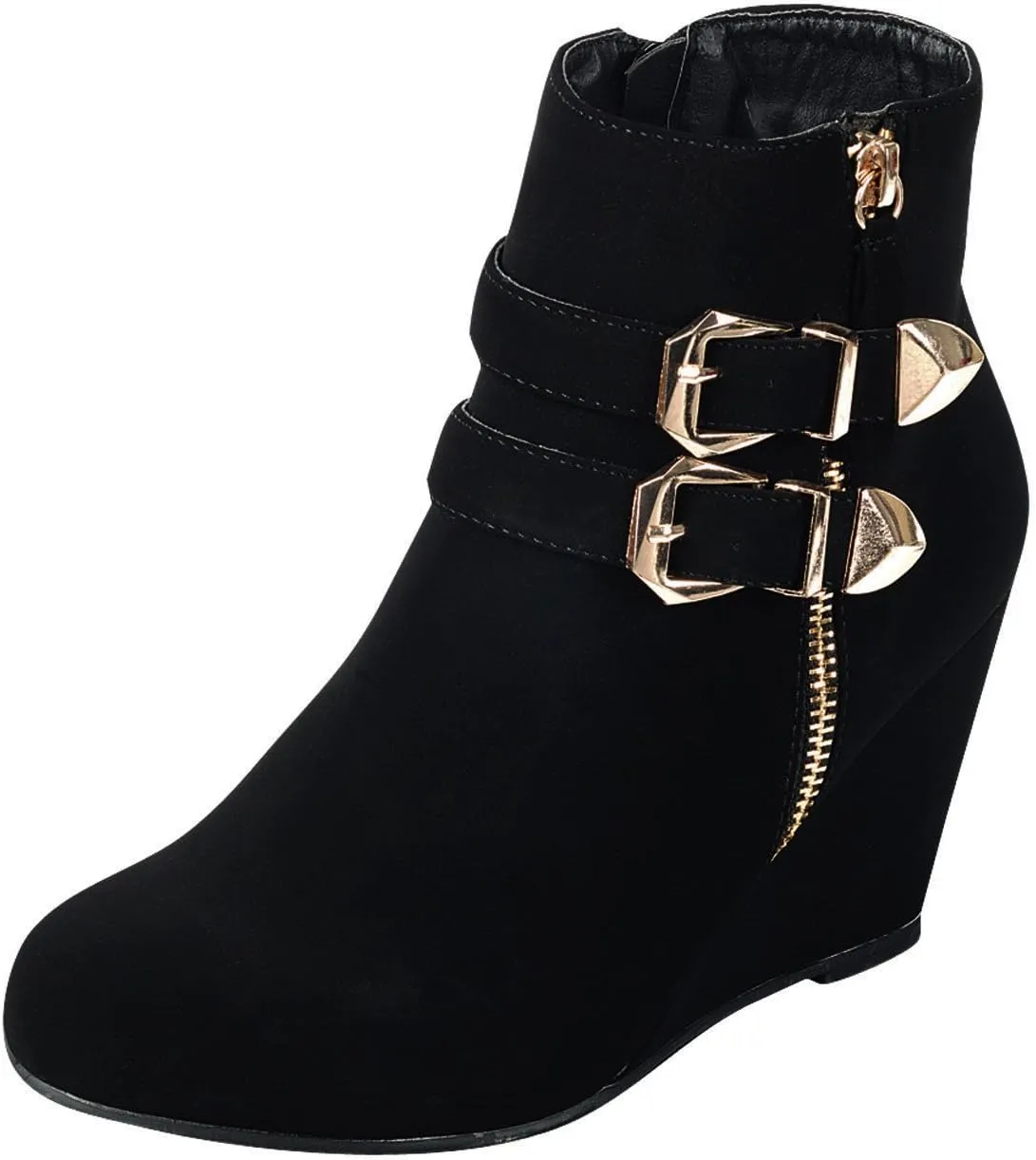 Forever Link Women's Ankle Strappy Buckle Zipper Wrapped Wedge Ankle Bootie