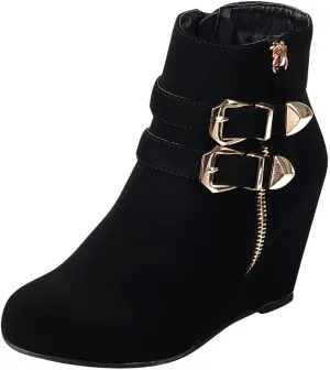 Forever Link Women's Ankle Strappy Buckle Zipper Wrapped Wedge Ankle Bootie