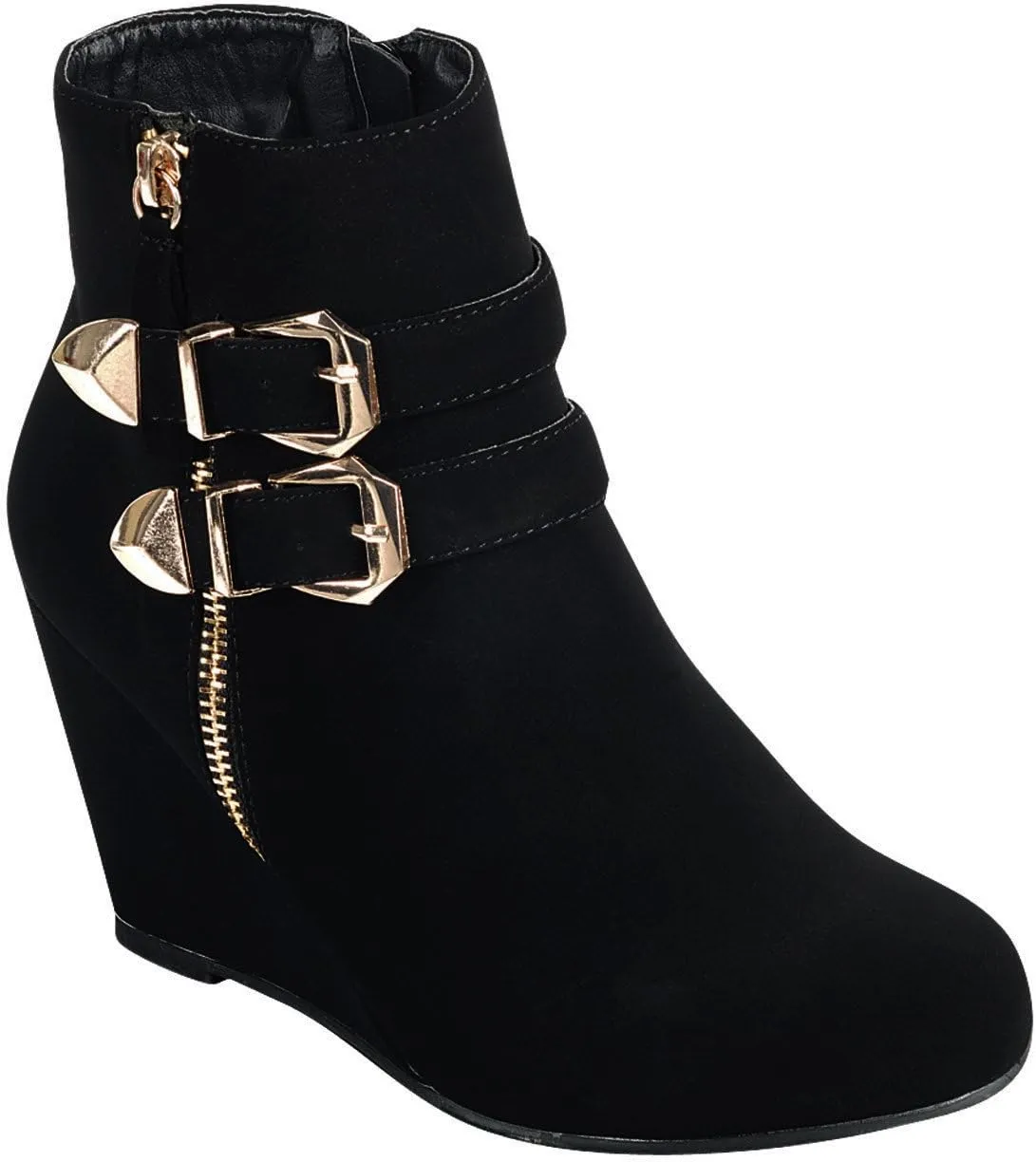 Forever Link Women's Ankle Strappy Buckle Zipper Wrapped Wedge Ankle Bootie
