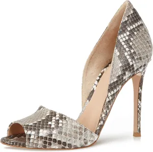 FOWT Women Sexy Embossed Snakeskin D'Orsay Pumps Open Peep Toe High Stiletto Heeled Sandals Ladies Slip on Blingbling Leather Chic Shoes for Dress Party Prom 4-16 M US Size