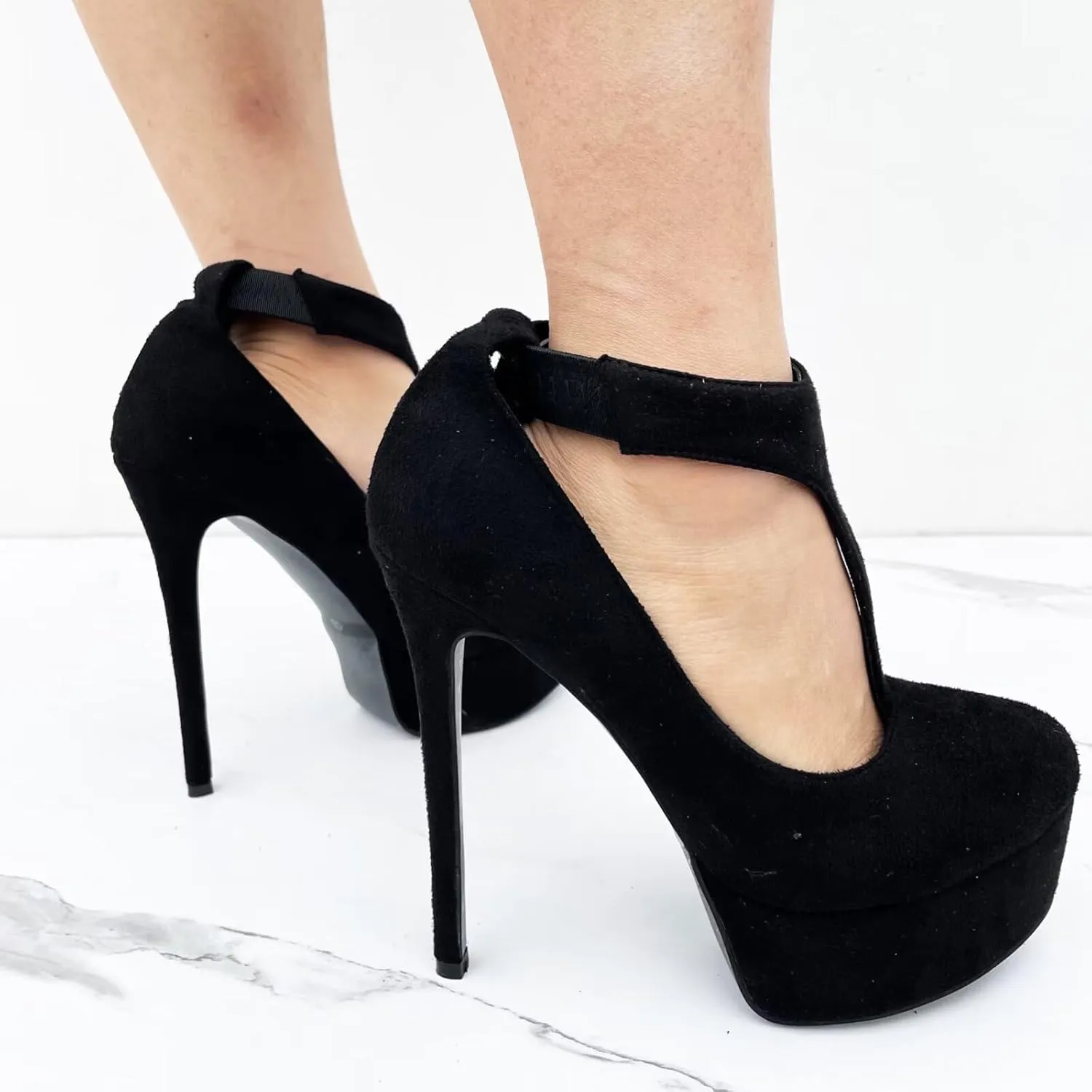 Frankie Hsu Sexy Stiletto Platform High Heeled Pumps Sandal, Classic T Strap Black Faux Suede Fashion Modern Party Club Banquet Dancing Style, Big Size Designer Fashion Shoe For Women Men