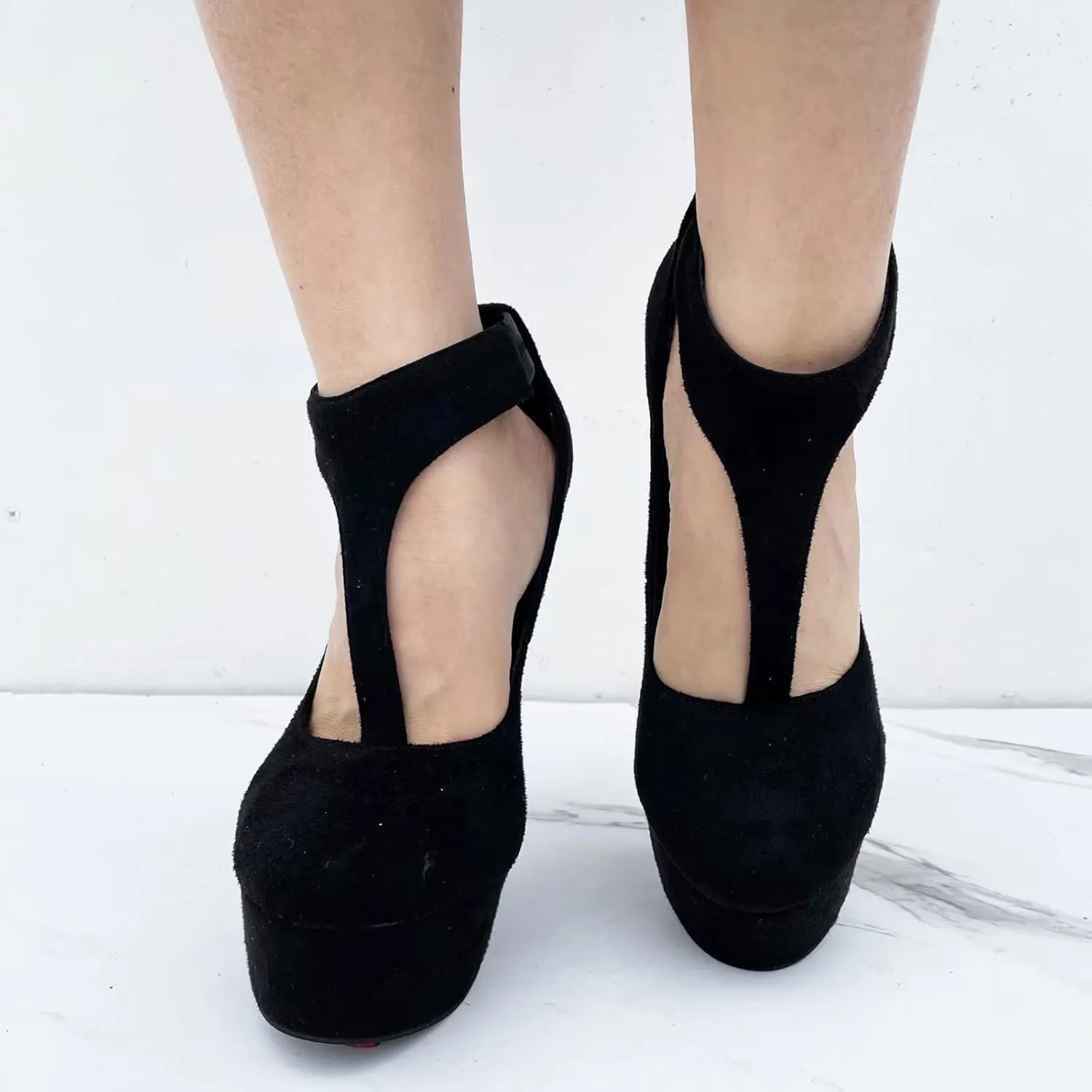 Frankie Hsu Sexy Stiletto Platform High Heeled Pumps Sandal, Classic T Strap Black Faux Suede Fashion Modern Party Club Banquet Dancing Style, Big Size Designer Fashion Shoe For Women Men