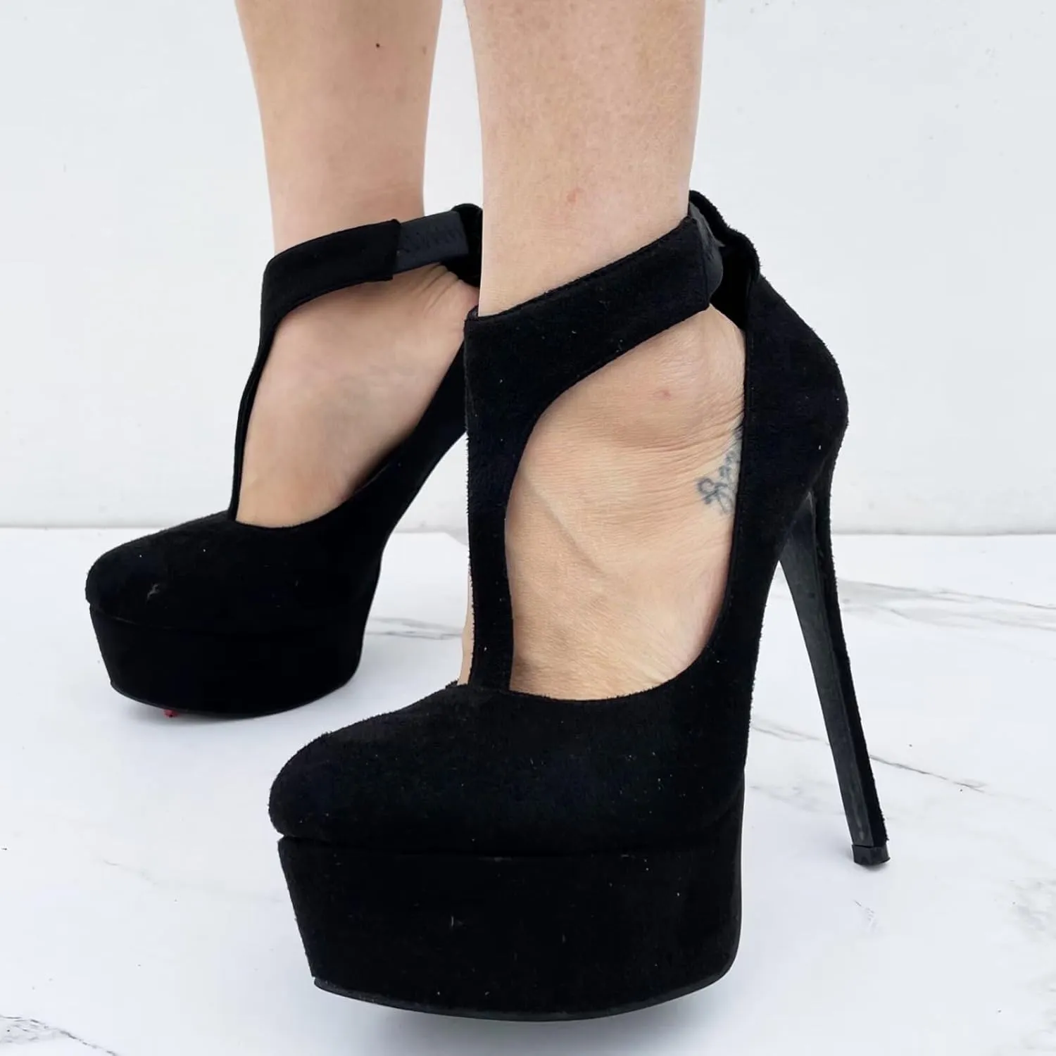 Frankie Hsu Sexy Stiletto Platform High Heeled Pumps Sandal, Classic T Strap Black Faux Suede Fashion Modern Party Club Banquet Dancing Style, Big Size Designer Fashion Shoe For Women Men
