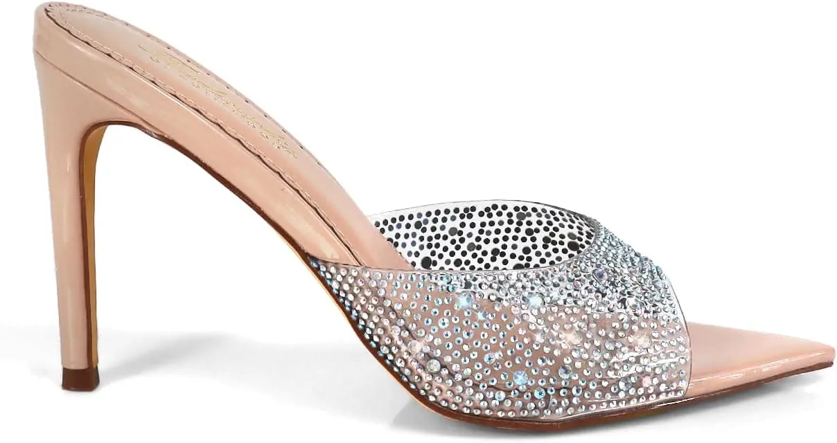 FREDERICK'S OF HOLLYWOOD Pointed Toe PEEP Toe Rhinstone W/Stiletto Heel, FOH-Nora