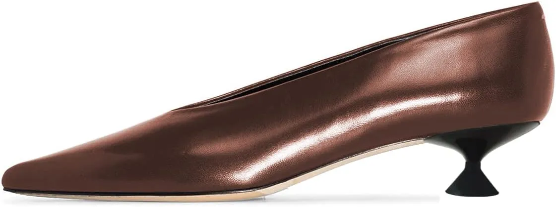 FSJ Women Fashion Pointed Toe V Cut Low Kitten Heel Slip On Pumps Soft Leather Ladies Daily Comfort Basic Dress Shoes Size 4-15 US