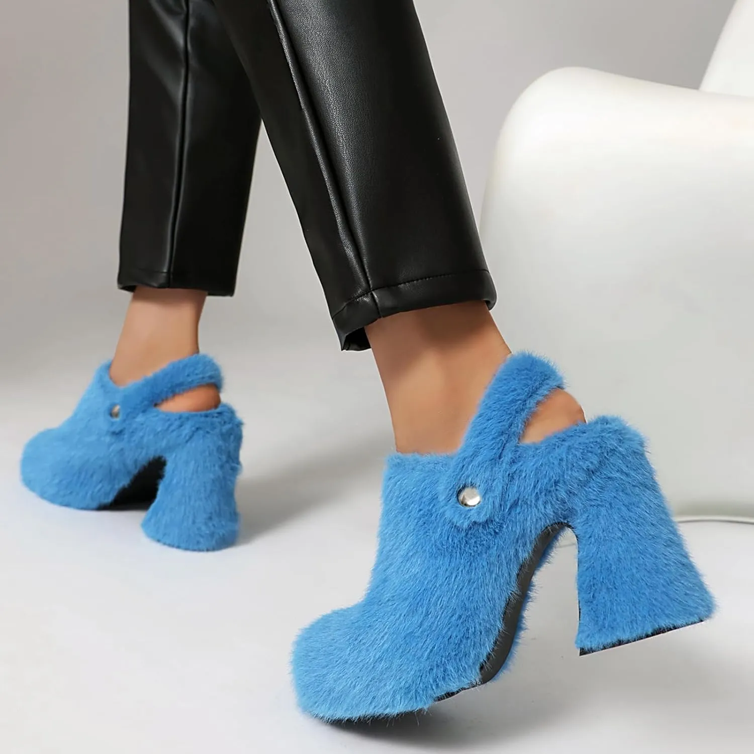 Fur Heeled Sandals for Women Silp On Block Heel Platform Clogs Slingback Mules