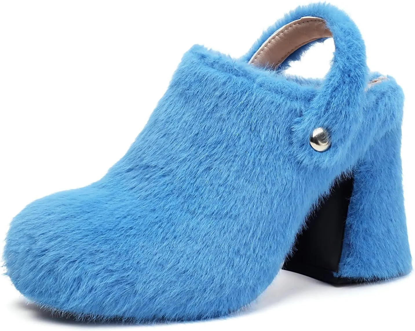 Fur Heeled Sandals for Women Silp On Block Heel Platform Clogs Slingback Mules