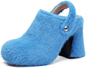 Fur Heeled Sandals for Women Silp On Block Heel Platform Clogs Slingback Mules