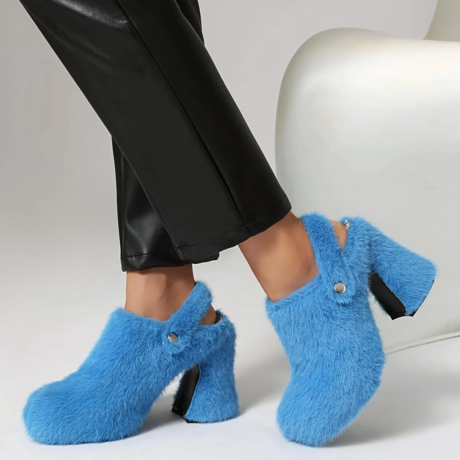 Fur Heeled Sandals for Women Silp On Block Heel Platform Clogs Slingback Mules