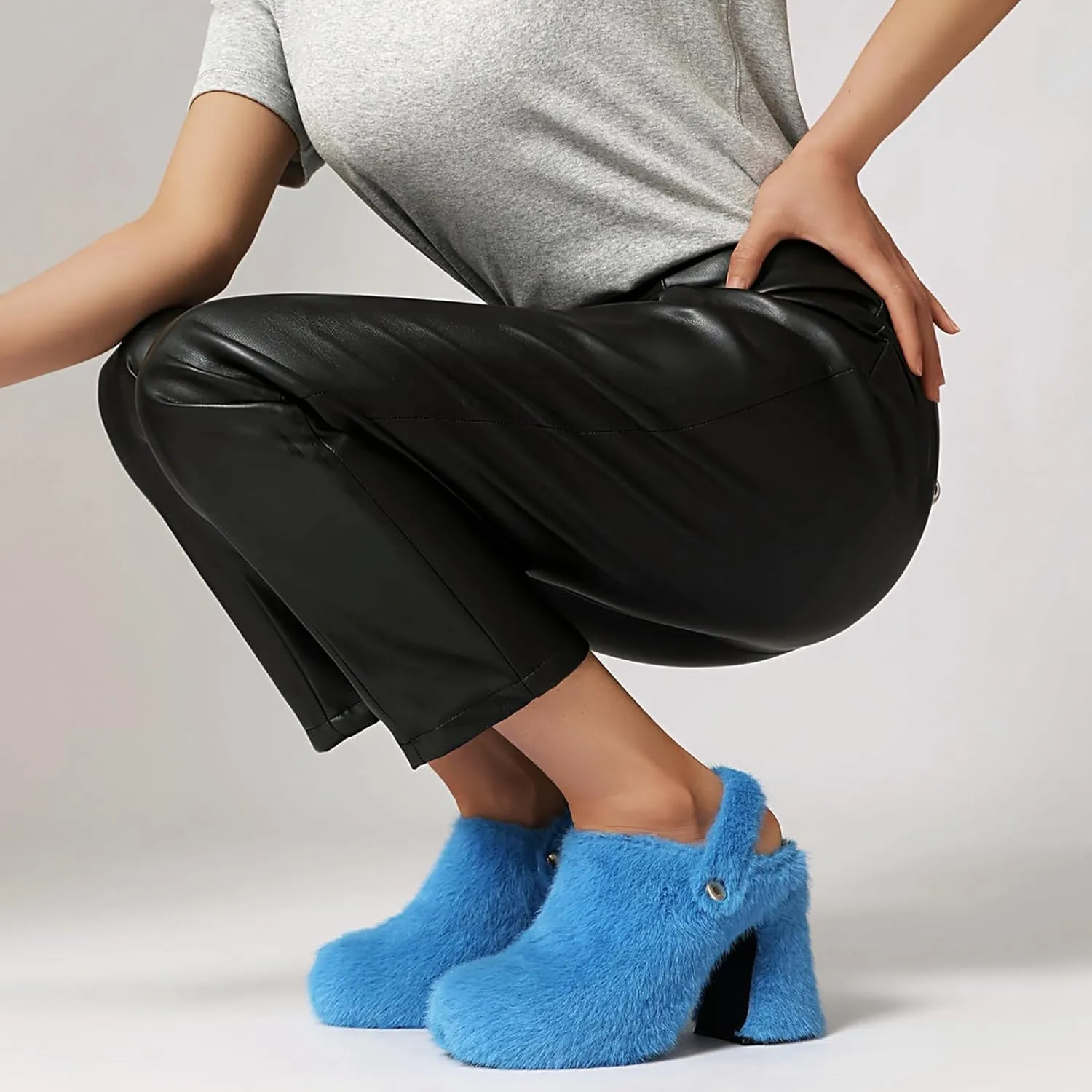 Fur Heeled Sandals for Women Silp On Block Heel Platform Clogs Slingback Mules