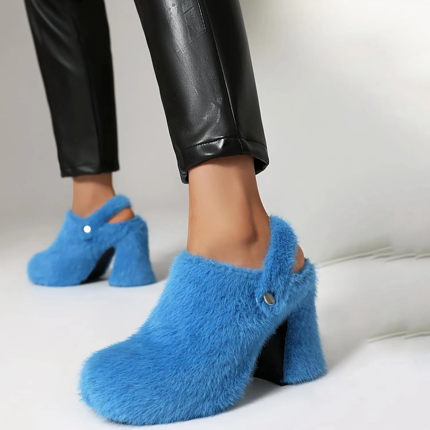Fur Heeled Sandals for Women Silp On Block Heel Platform Clogs Slingback Mules
